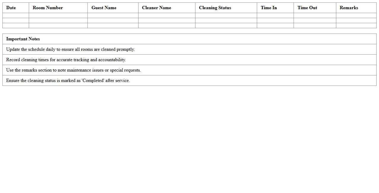 Resort Room Cleaning Schedule Excel Template