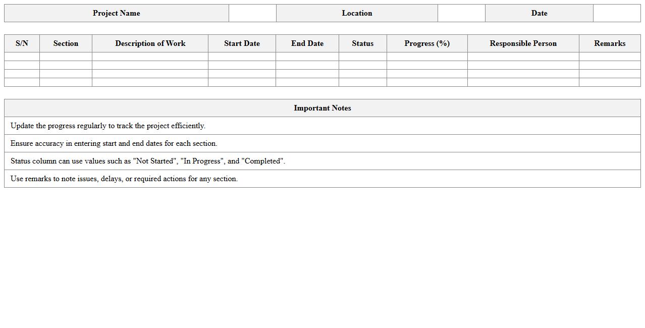 Roadwork Progress Tracking Excel Sheet