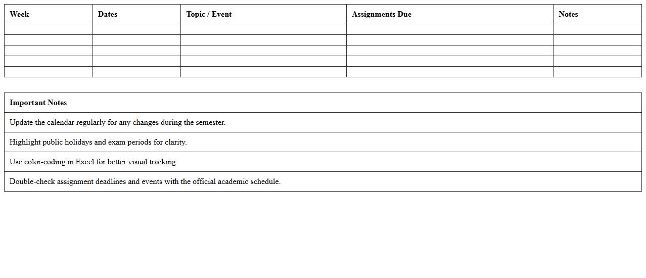 Semester Academic Calendar Excel Spreadsheet