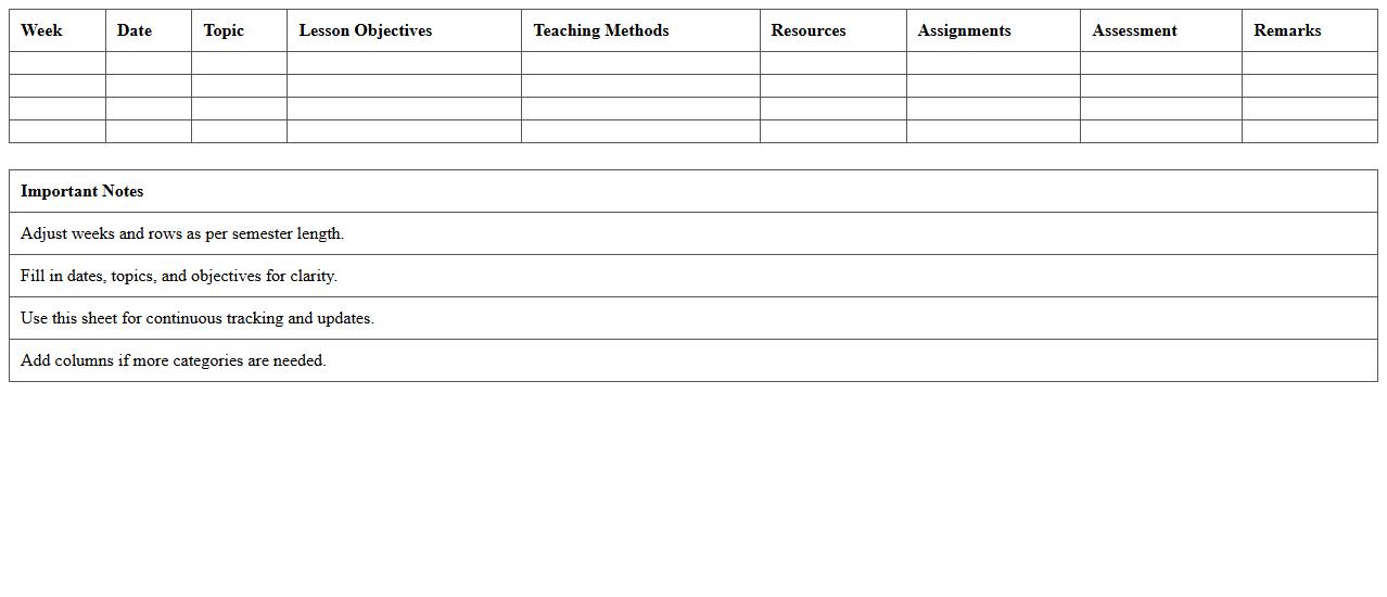 Semester Lesson Planning Schedule Excel Sheet