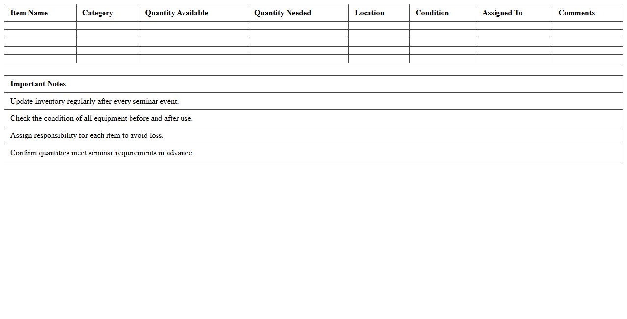 Seminar Equipment and Supplies Inventory Excel Template