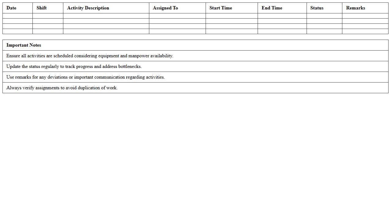Shop Floor Activity Schedule Excel Template