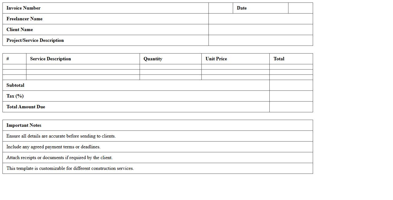 Simple Construction Service Invoice Excel Template for Freelancers