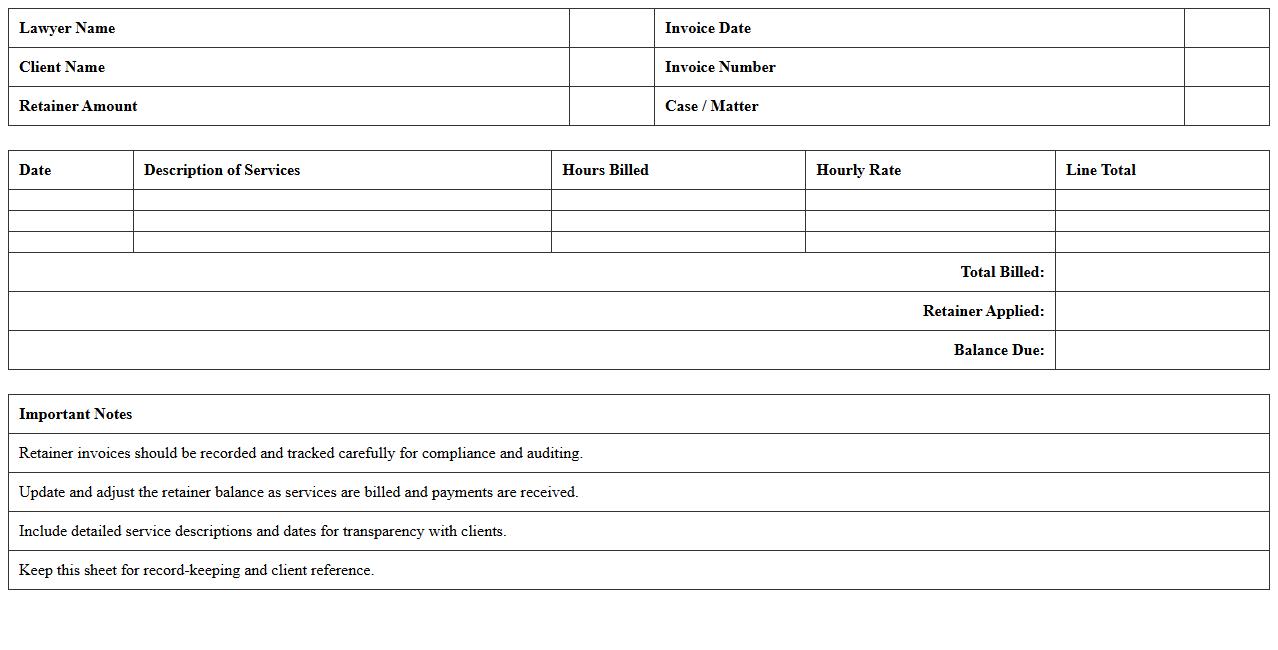 Simple Retainer Invoice Excel Sheet for Solo Lawyers