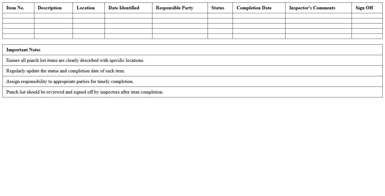 Site Inspection Punch List Excel Template for Construction