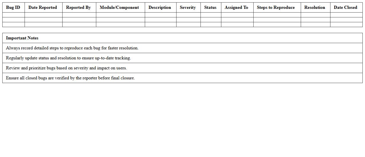 Software Bug Tracking Excel Template for IT
