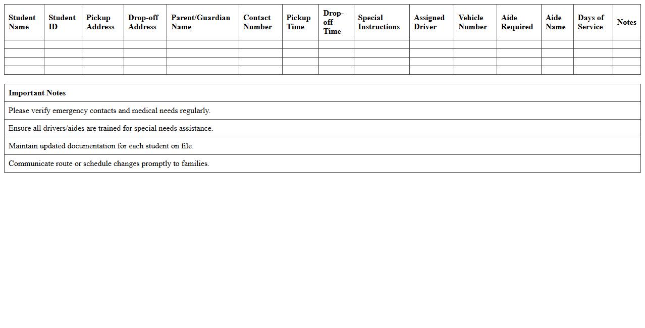 Special Needs Transportation Roster Excel