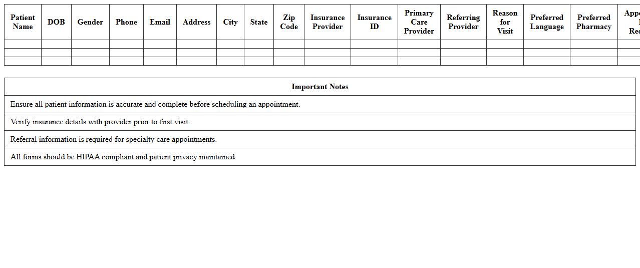 Specialty Care New Patient Excel Intake Sheet