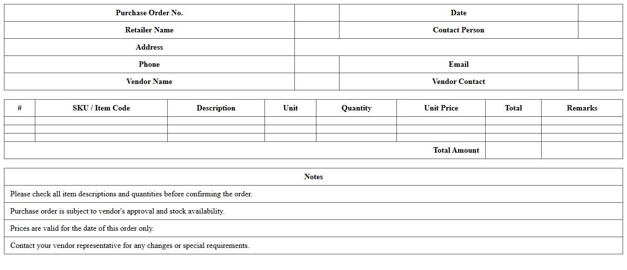 Specialty Retailer Purchase Order Worksheet Excel