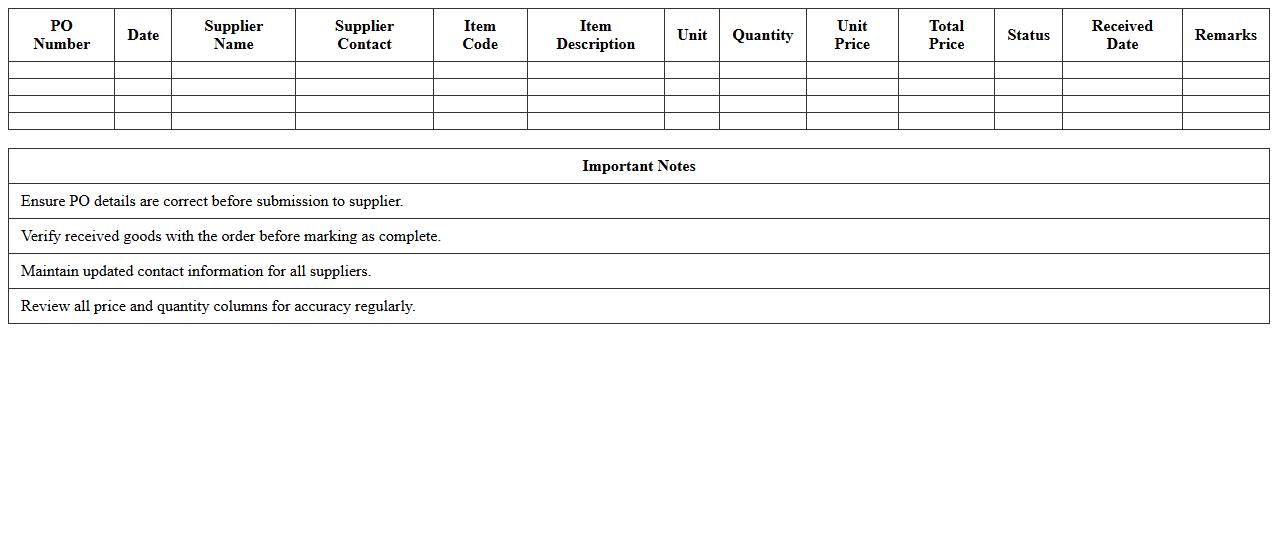 Supermarket Purchase Order Record Excel Template