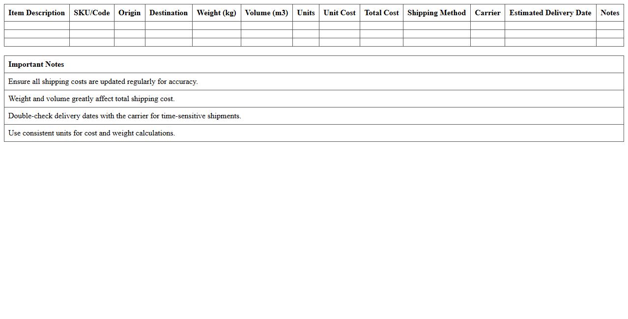 Supply Chain Shipping Cost Estimator Excel Form
