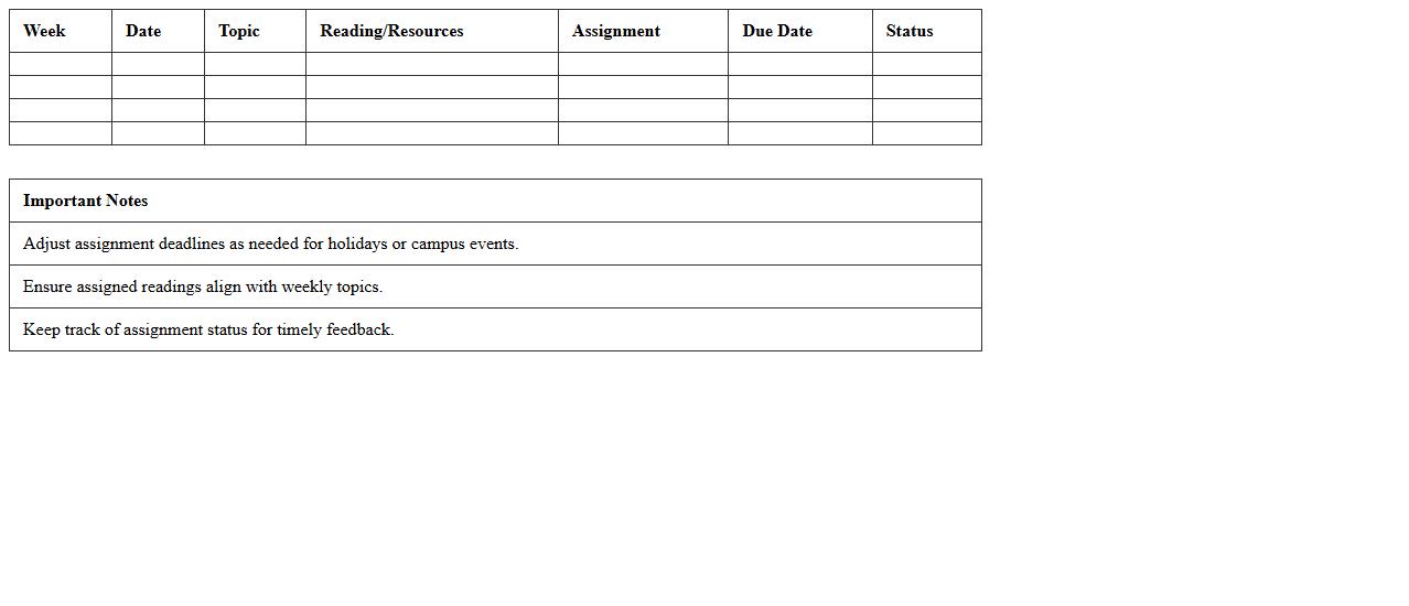 Syllabus Assignment Timeline Template Excel