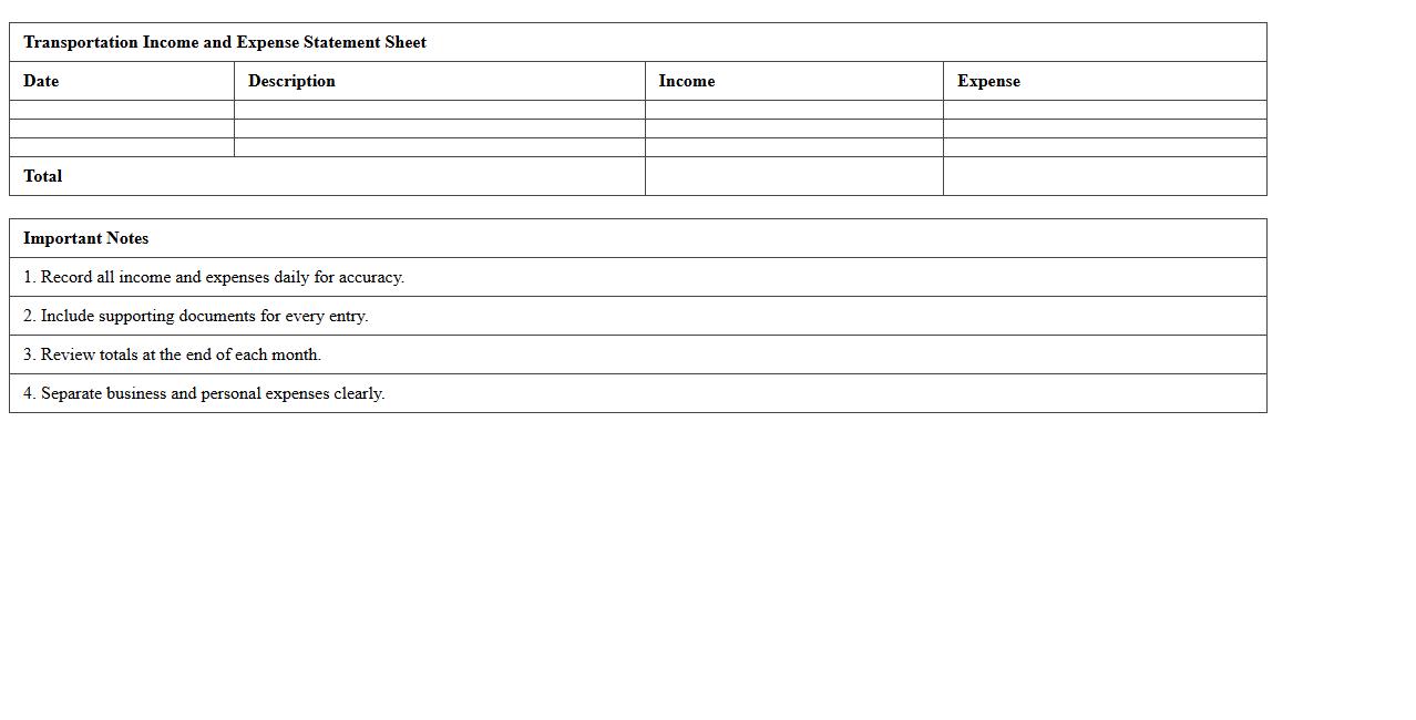 Transportation Income and Expense Statement Sheet