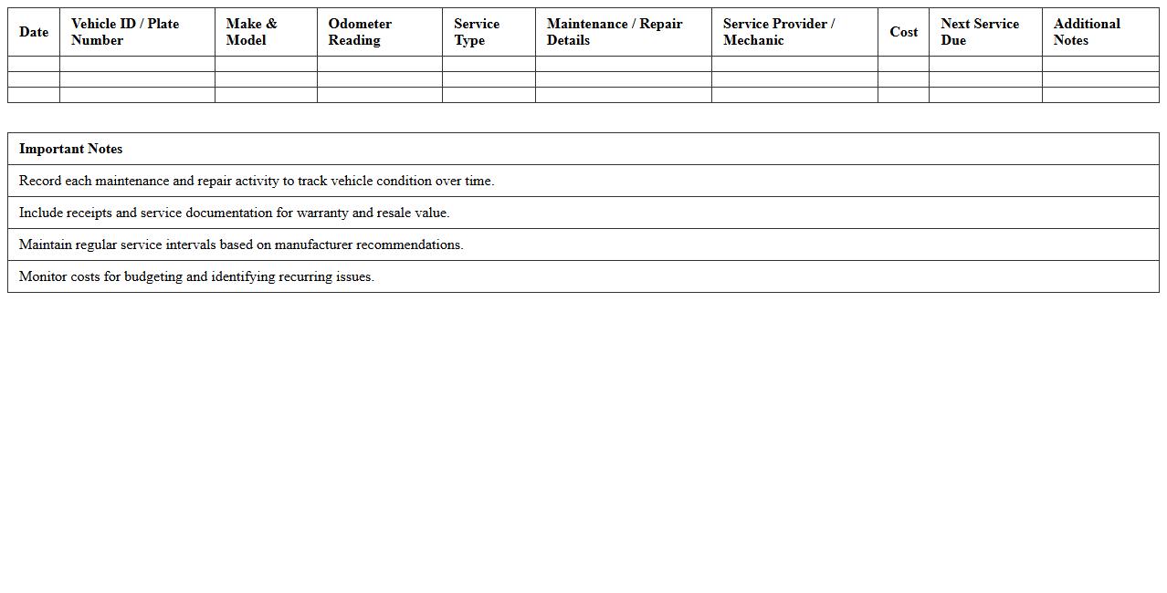 Vehicle Repair and Maintenance History Excel Sheet
