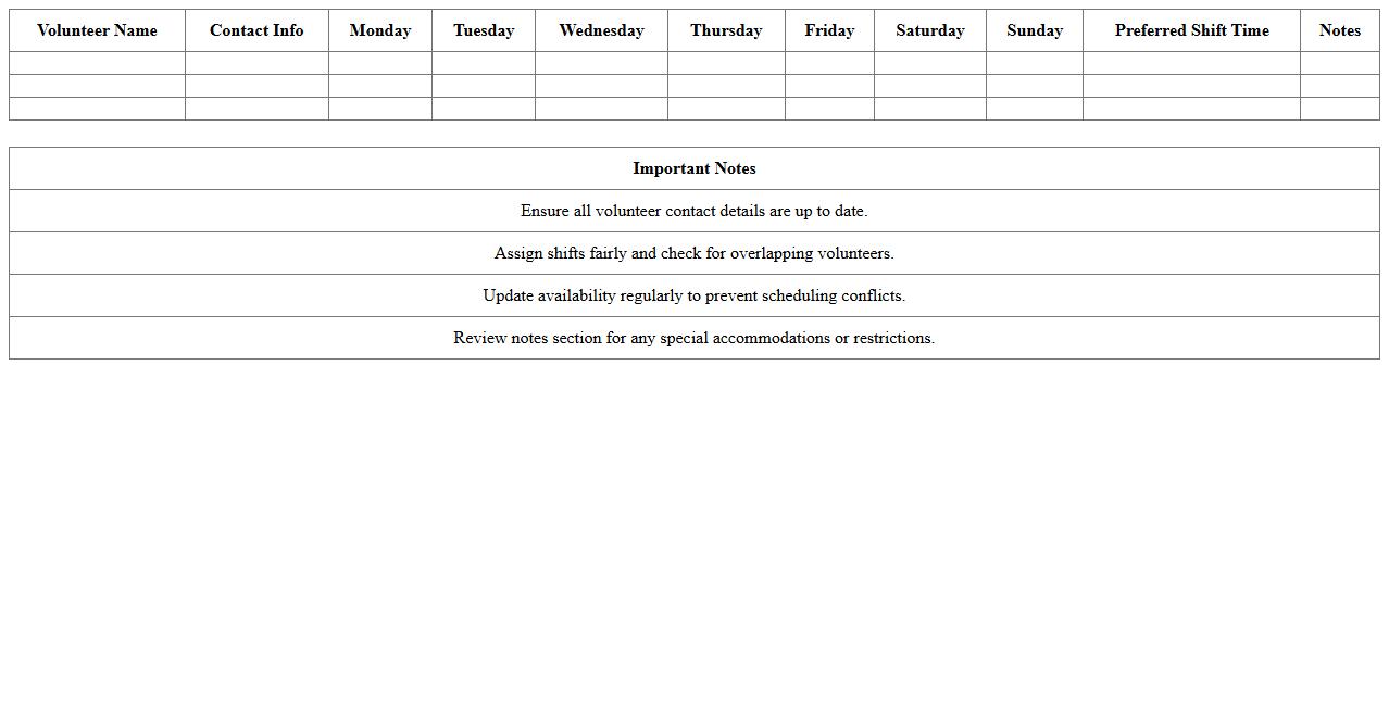 Volunteer Shift and Availability Schedule Excel