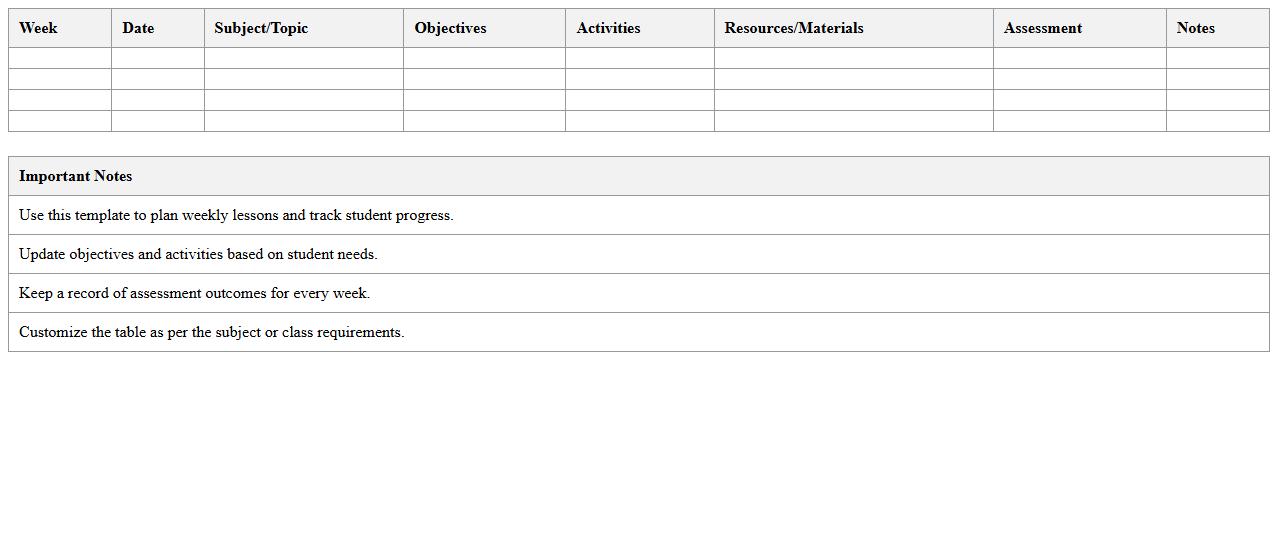 Weekly Lesson Plan Excel Template for Tutors