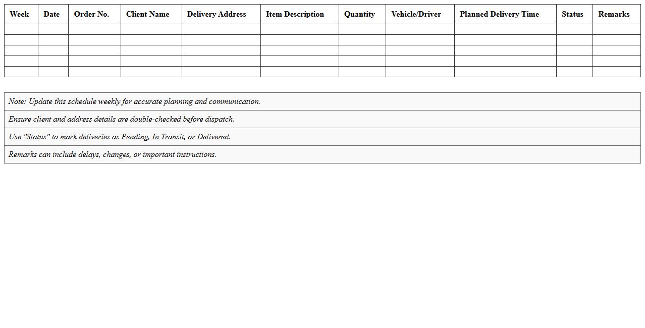 Weekly Logistics Delivery Schedule Spreadsheet