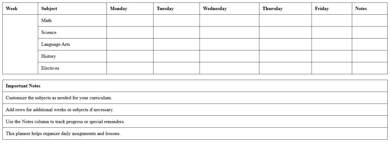 Weekly Subject Planner Spreadsheet for Homeschool