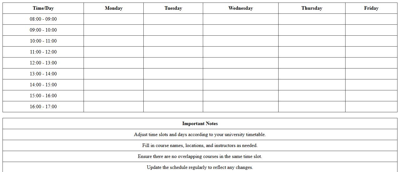 Weekly University Course Schedule Excel