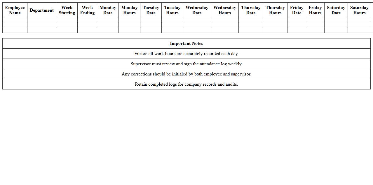 Weekly Work Hours Attendance Log Excel