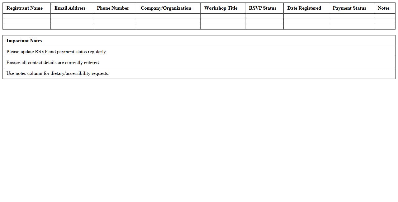 Workshop Registration RSVP Tracker Excel