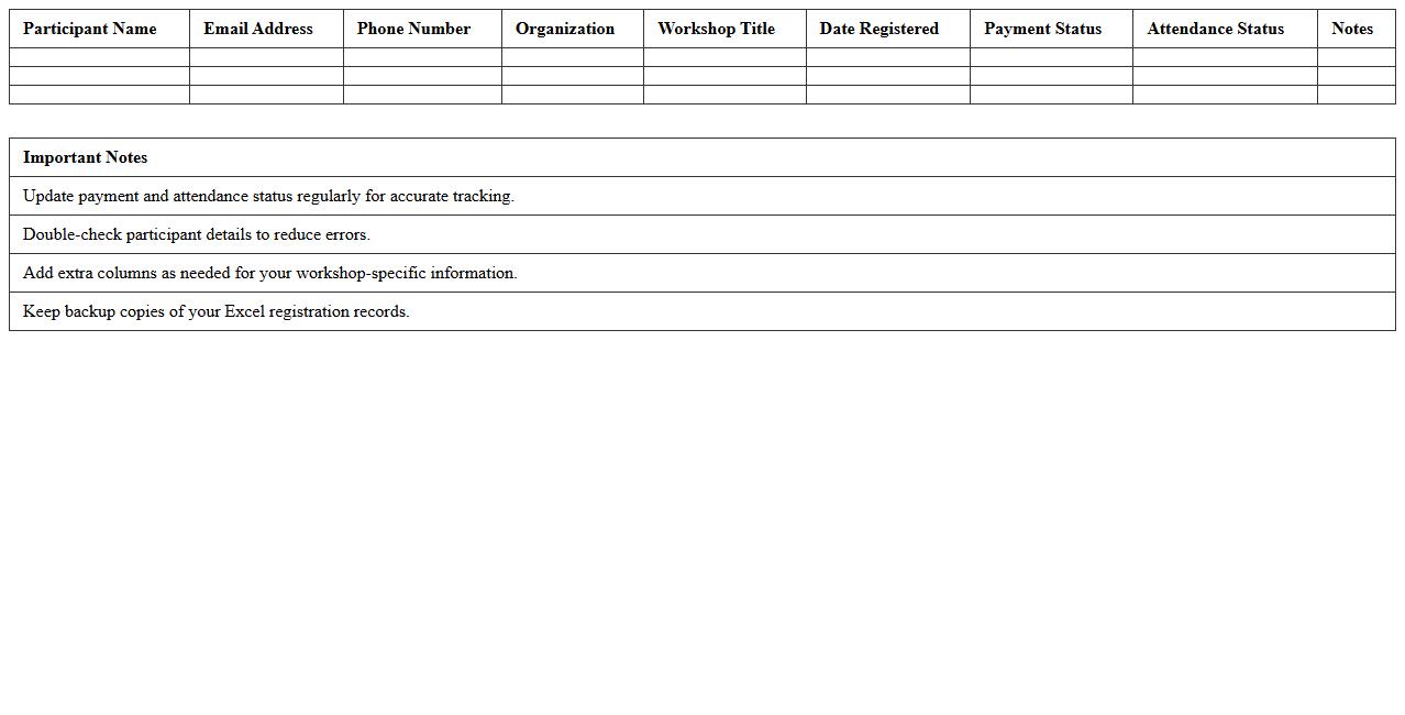 Workshop Registration Tracking Excel Template