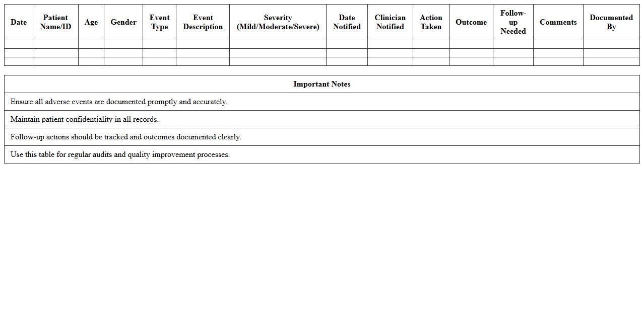 Adverse Event Documentation Excel Template for Clinics