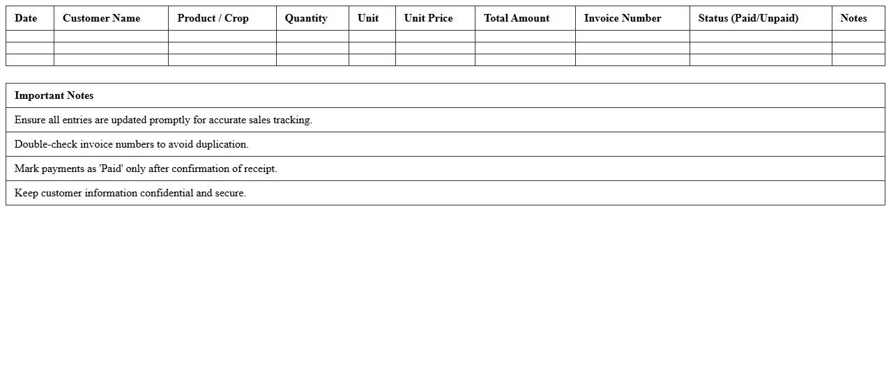 Agricultural Sales and Invoice Log Excel Template