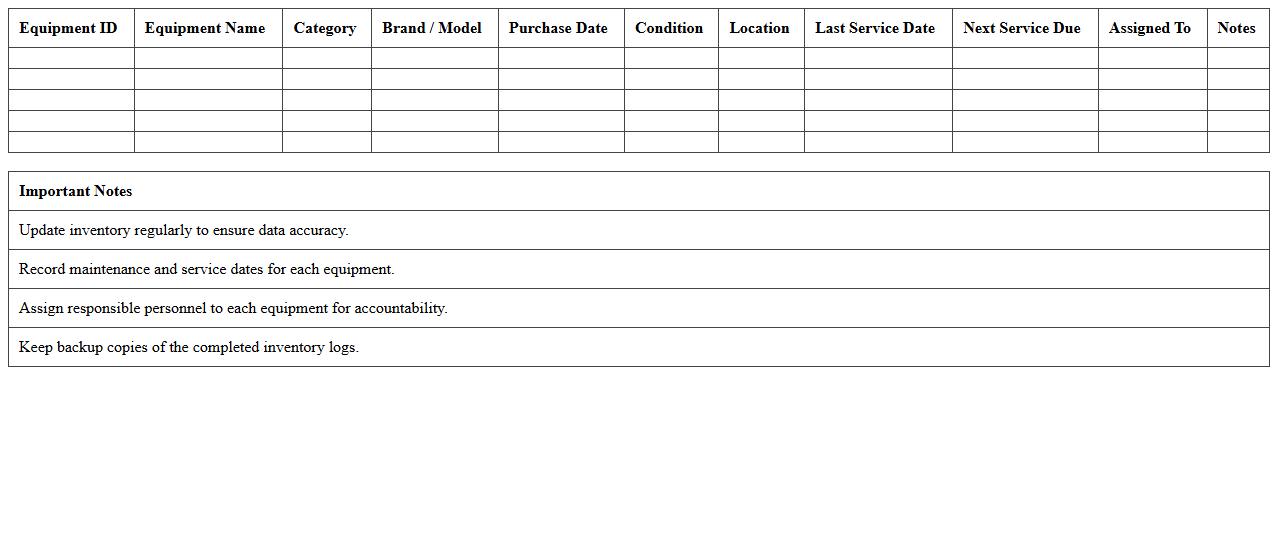Agriculture Equipment Inventory Log Excel Template