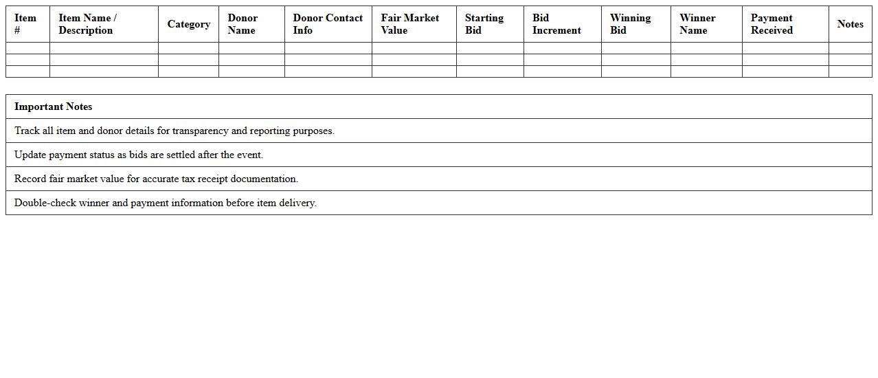 Auction Item Tracking Template for Fundraisers