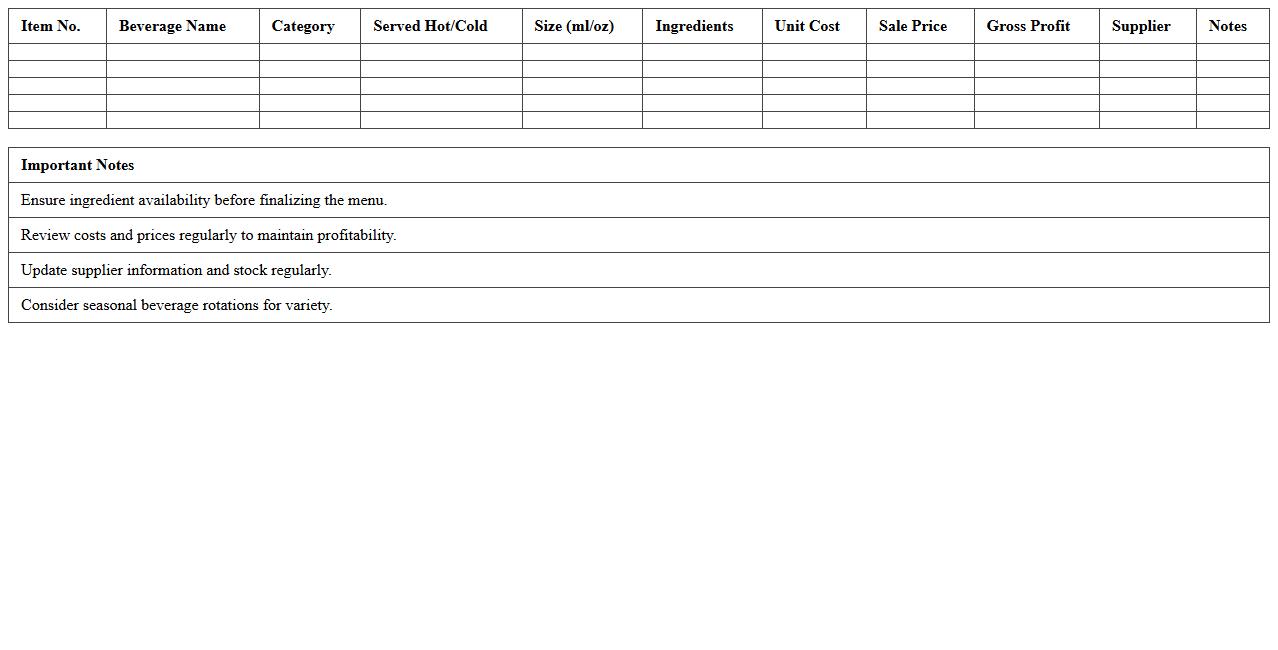 Beverage Service Menu Planning Spreadsheet