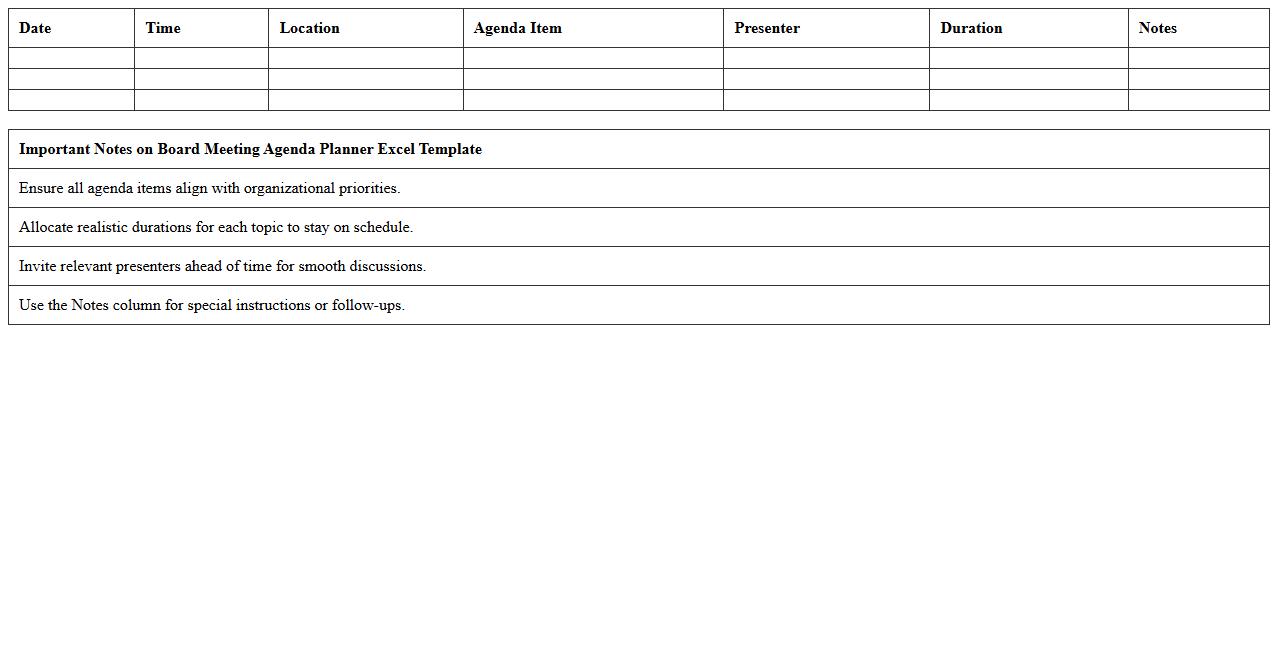 Board Meeting Agenda Planner Excel Template