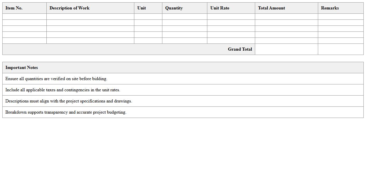 Civil Engineering Construction Bid Breakdown Template