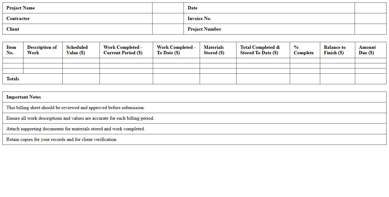 Commercial Construction Billing Sheet Template