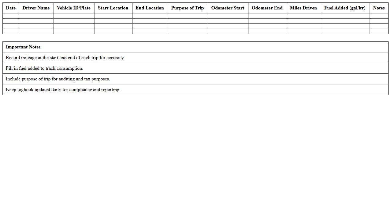 Commercial Fleet Mileage Logbook Excel