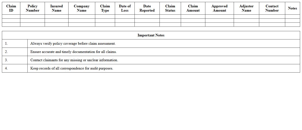 Commercial Insurance Claim Management Sheet