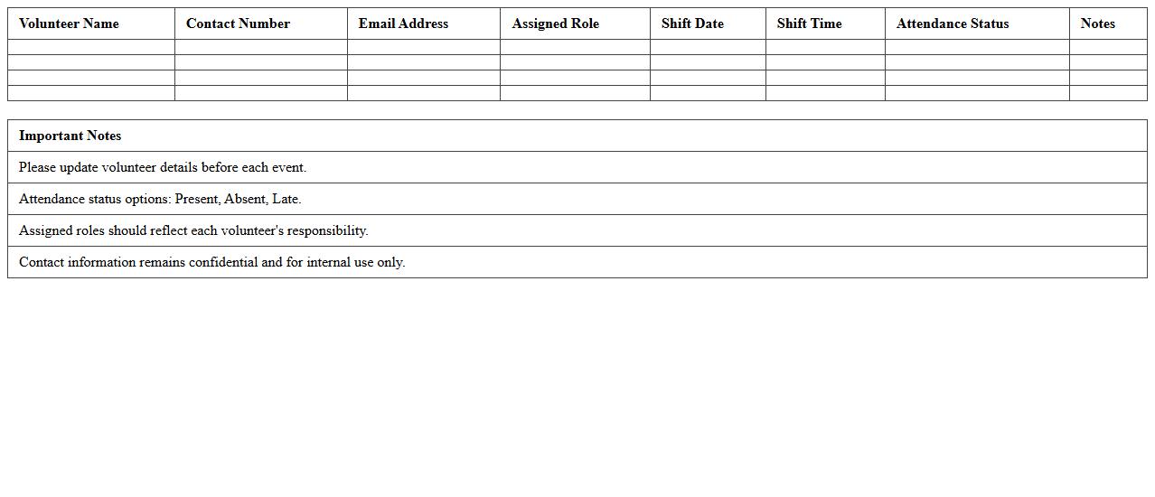 Community Event Volunteer Roster Excel Spreadsheet