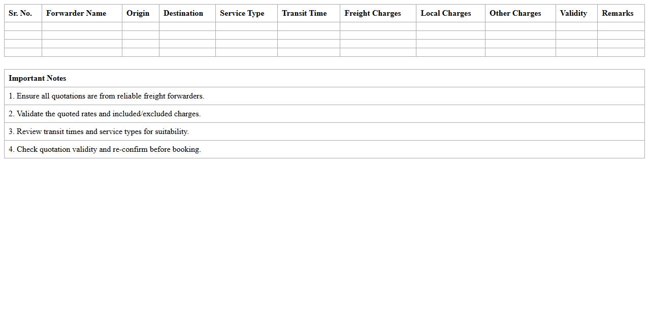 Comparative Freight Quotation Sheet Excel Template