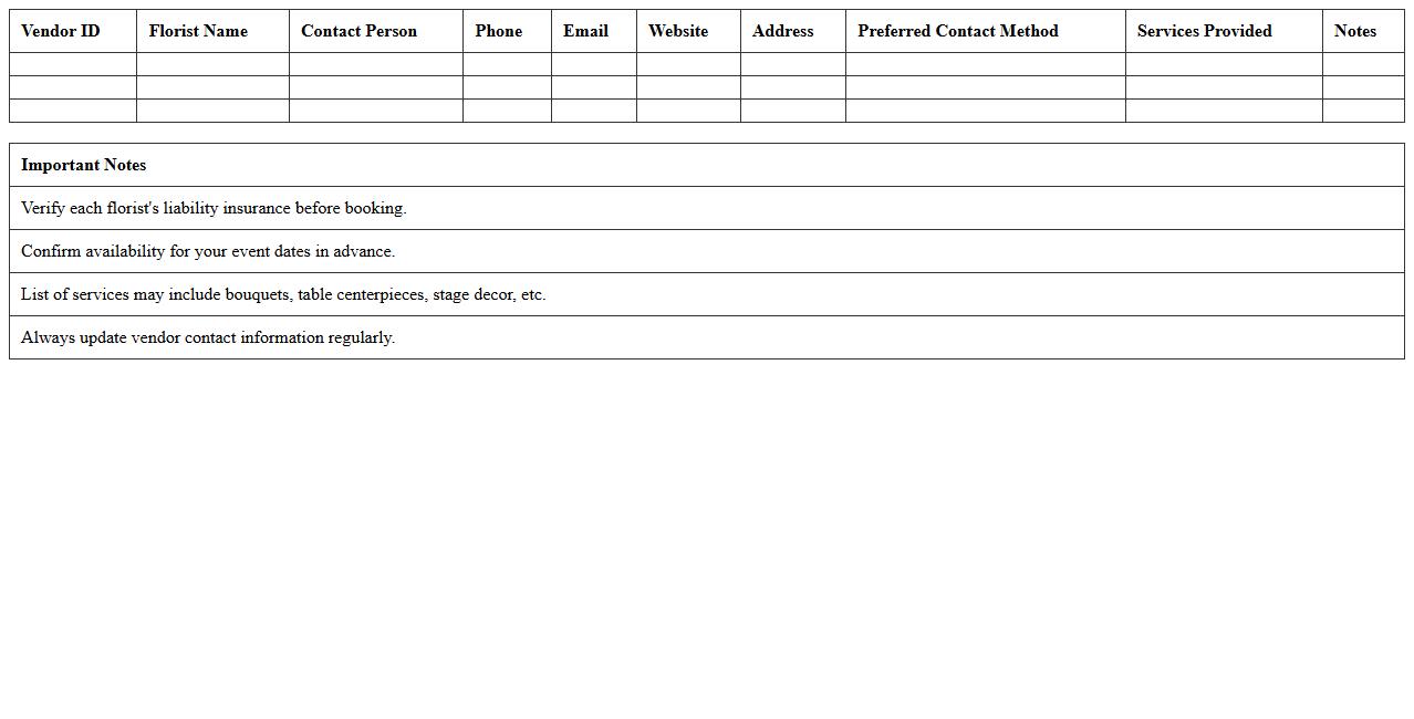 Conference Center Florist Vendor Excel Directory