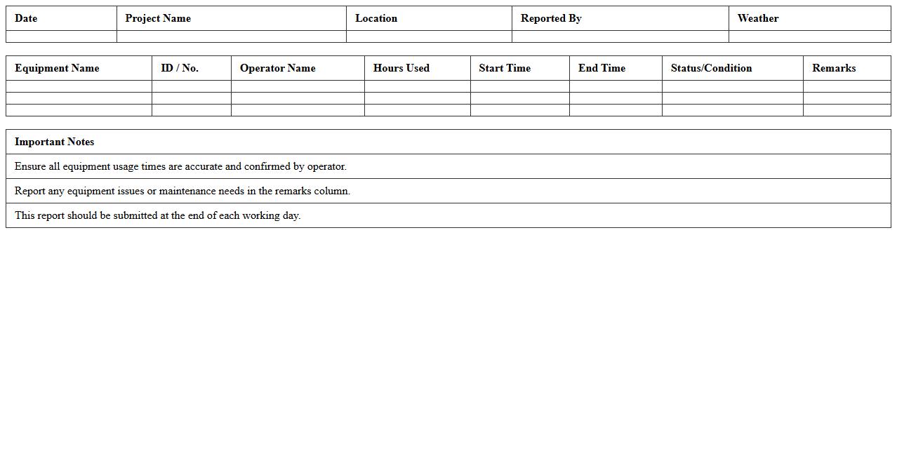 Construction Equipment Usage Daily Report Excel Template