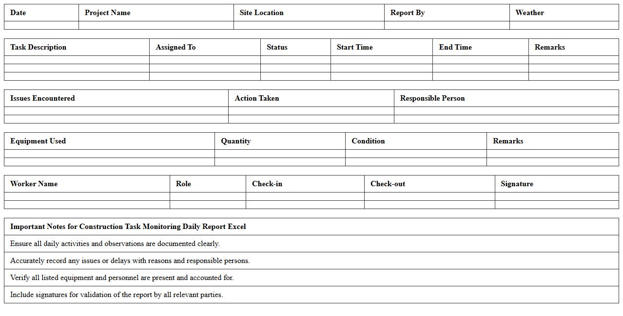 Construction Task Monitoring Daily Report Excel