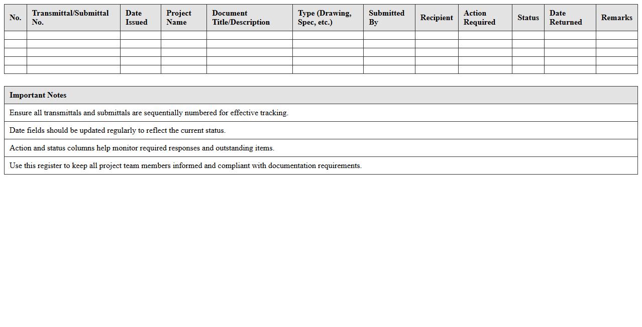 Construction Transmittal and Submittal Register Excel