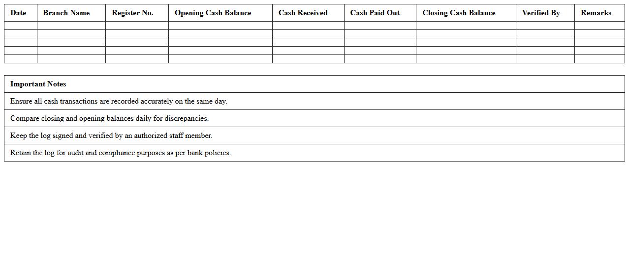 Daily Cash Register Log for Banks Excel Template