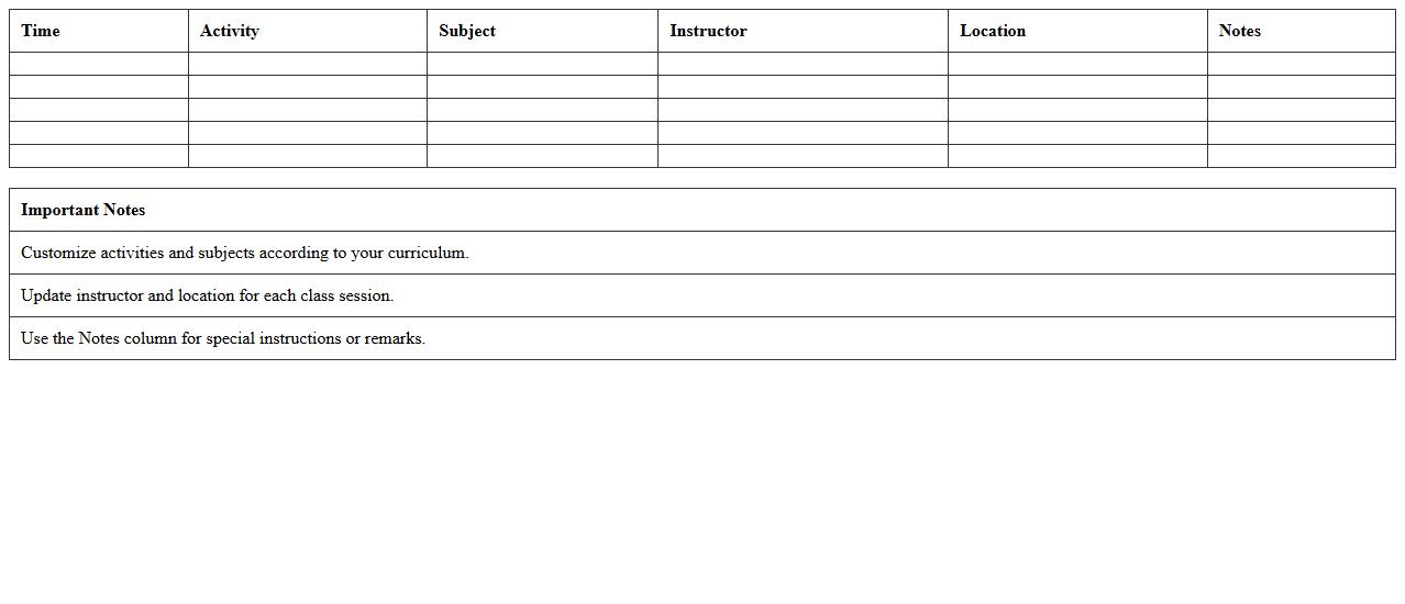 Daily Classroom Activities Schedule Excel