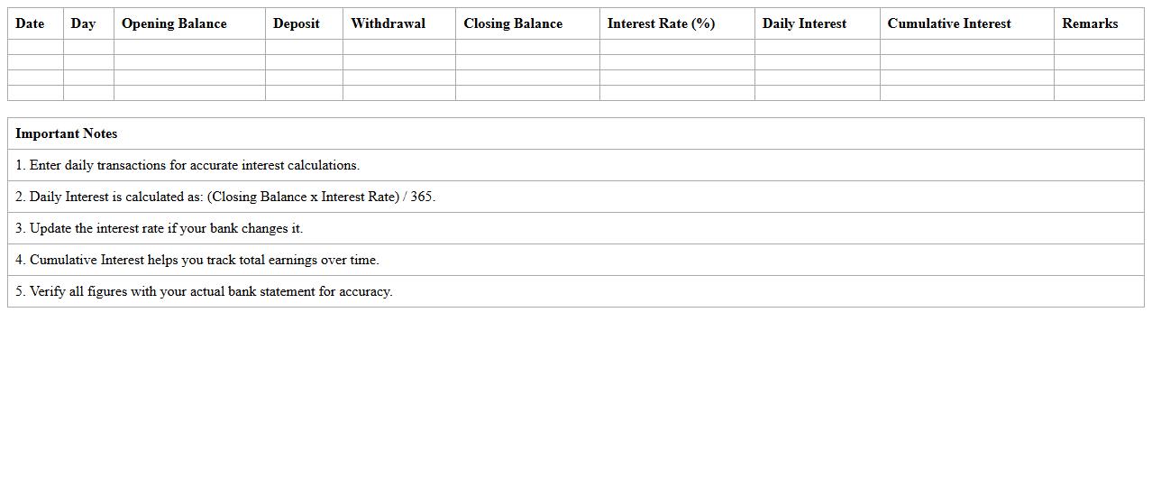 Daily Interest Accrual Tracker Excel Sheet for Savings Accounts
