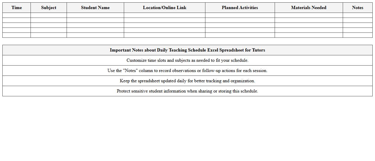 Daily Teaching Schedule Excel Spreadsheet for Tutors