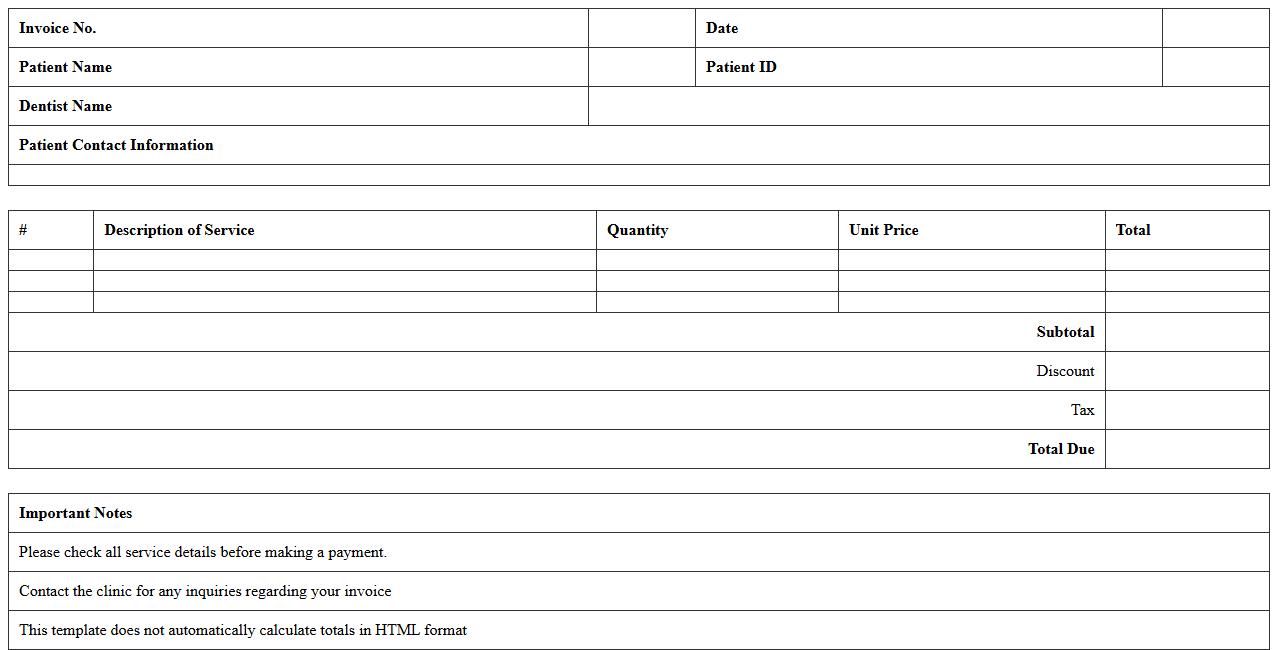 Dental Clinic Invoice Billing Excel Template
