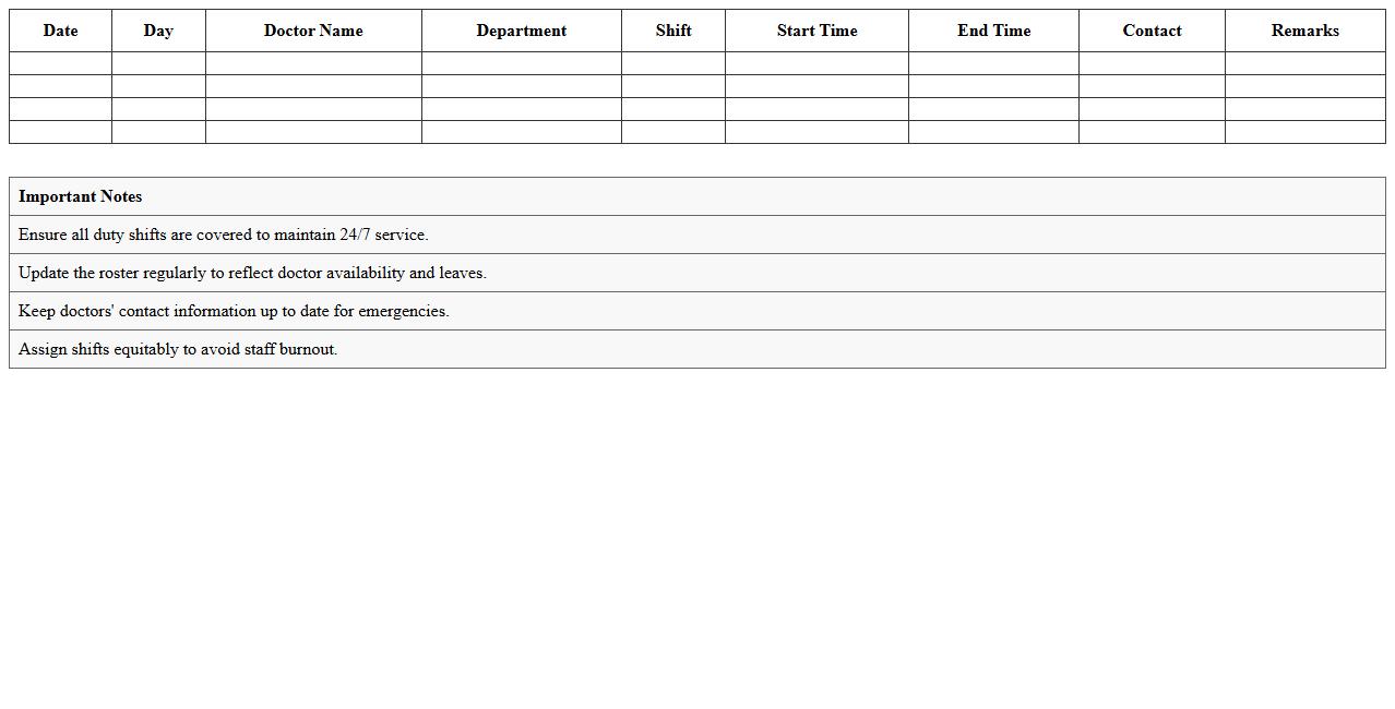 Doctor Duty Roster Excel Template for Healthcare Facilities