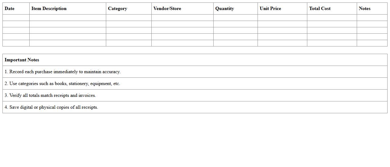 Educational Supplies Expense Log Excel Spreadsheet