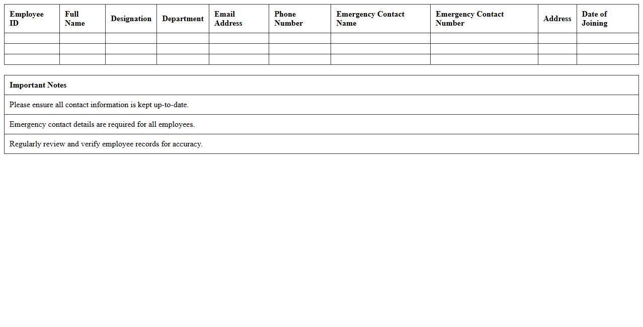 Employee Contact Details Excel Template